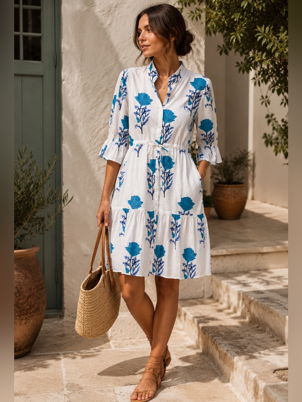 Victoria Dunn White & Blue Floral Cotton Button Down Dress size Medium